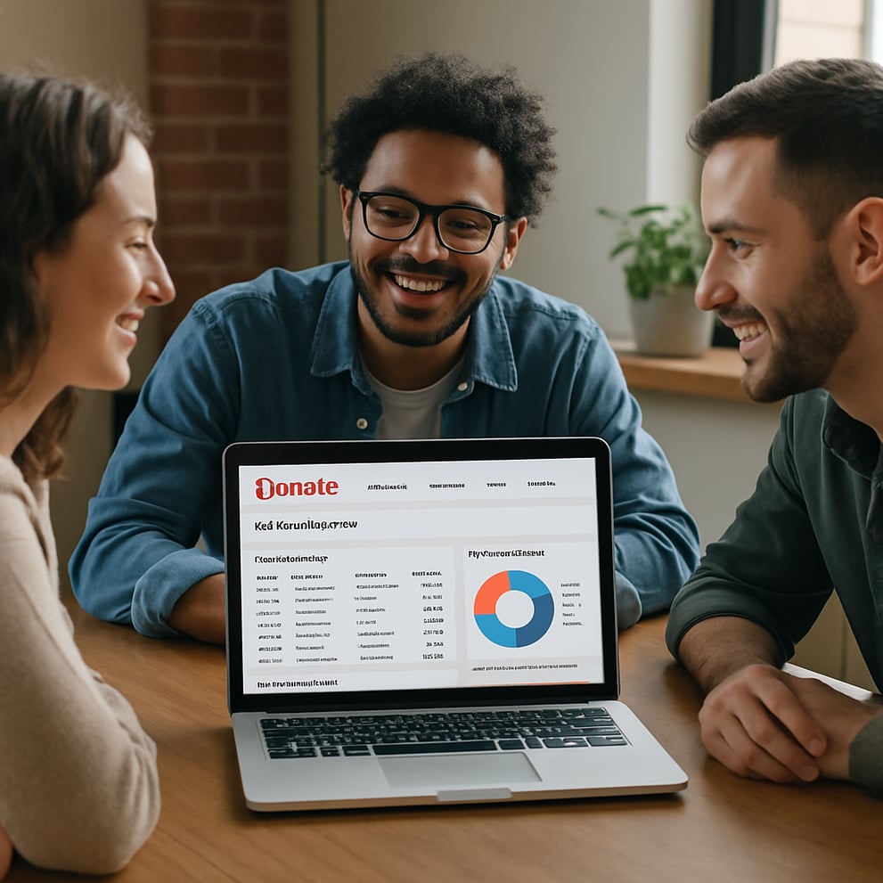 Three people sitting together around a desk looking at the iDonate platform on a laptop