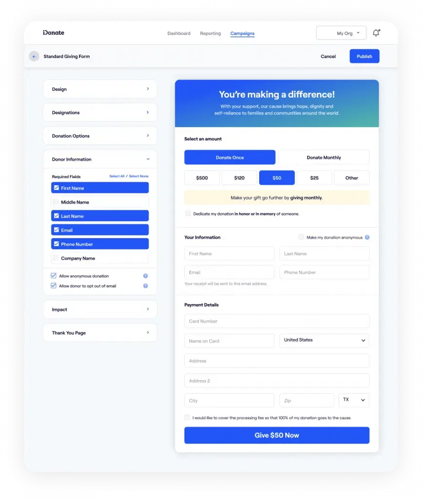 Example of an iDonate campaign creation page