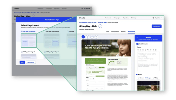 iDonate builder interface for creating an online donation page