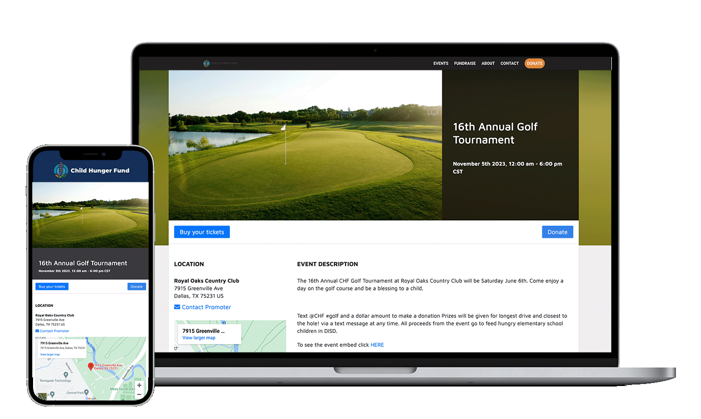 Golf Tournament iDonate Event Page on both Mobile Phone and Desktop