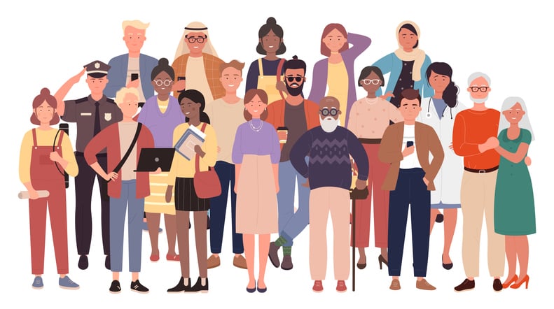 animated illustration showing different generations and ethnicities of people