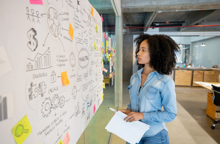 woman standing in front of white board thinking about strategy